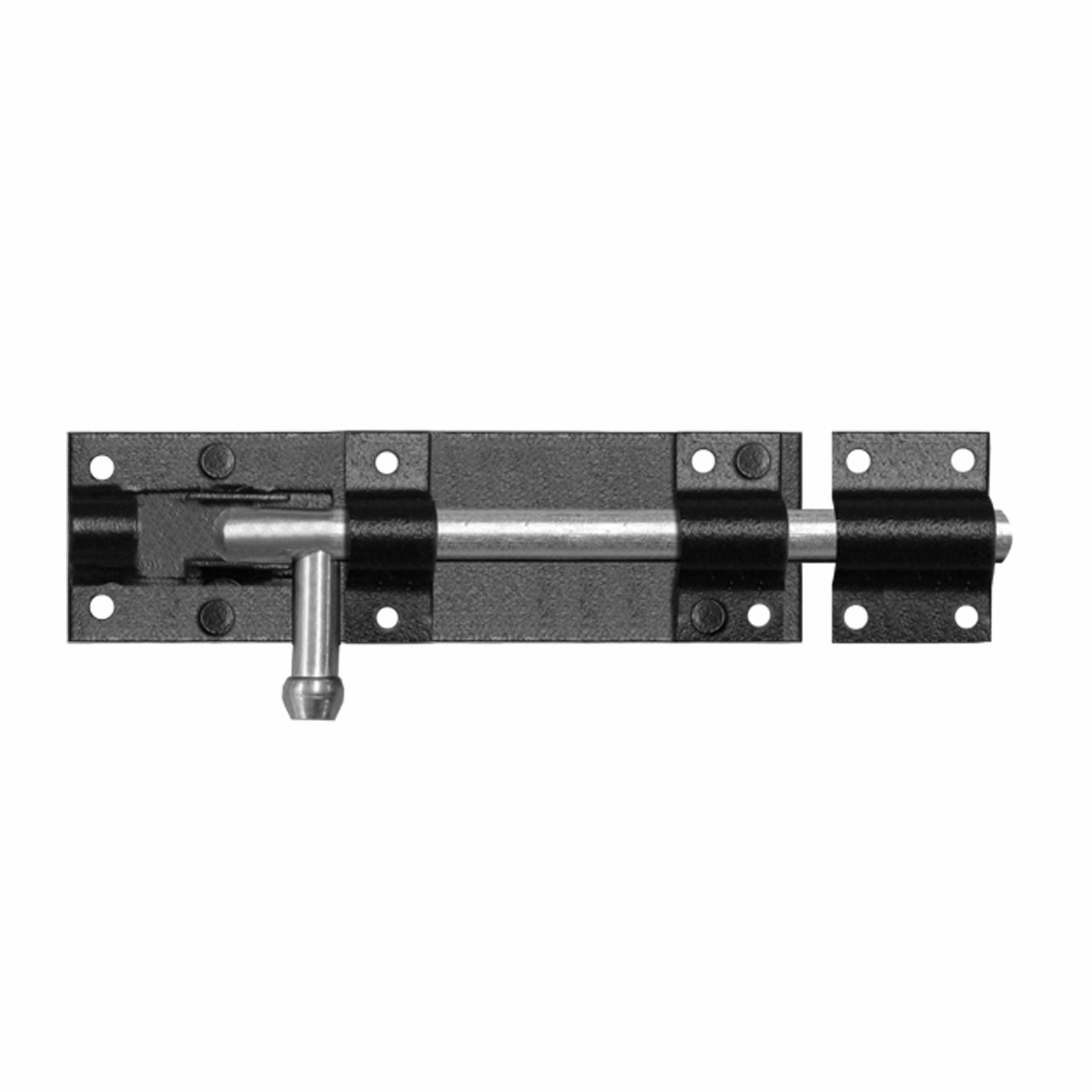 Black tower bolt for securing a timber gate or door