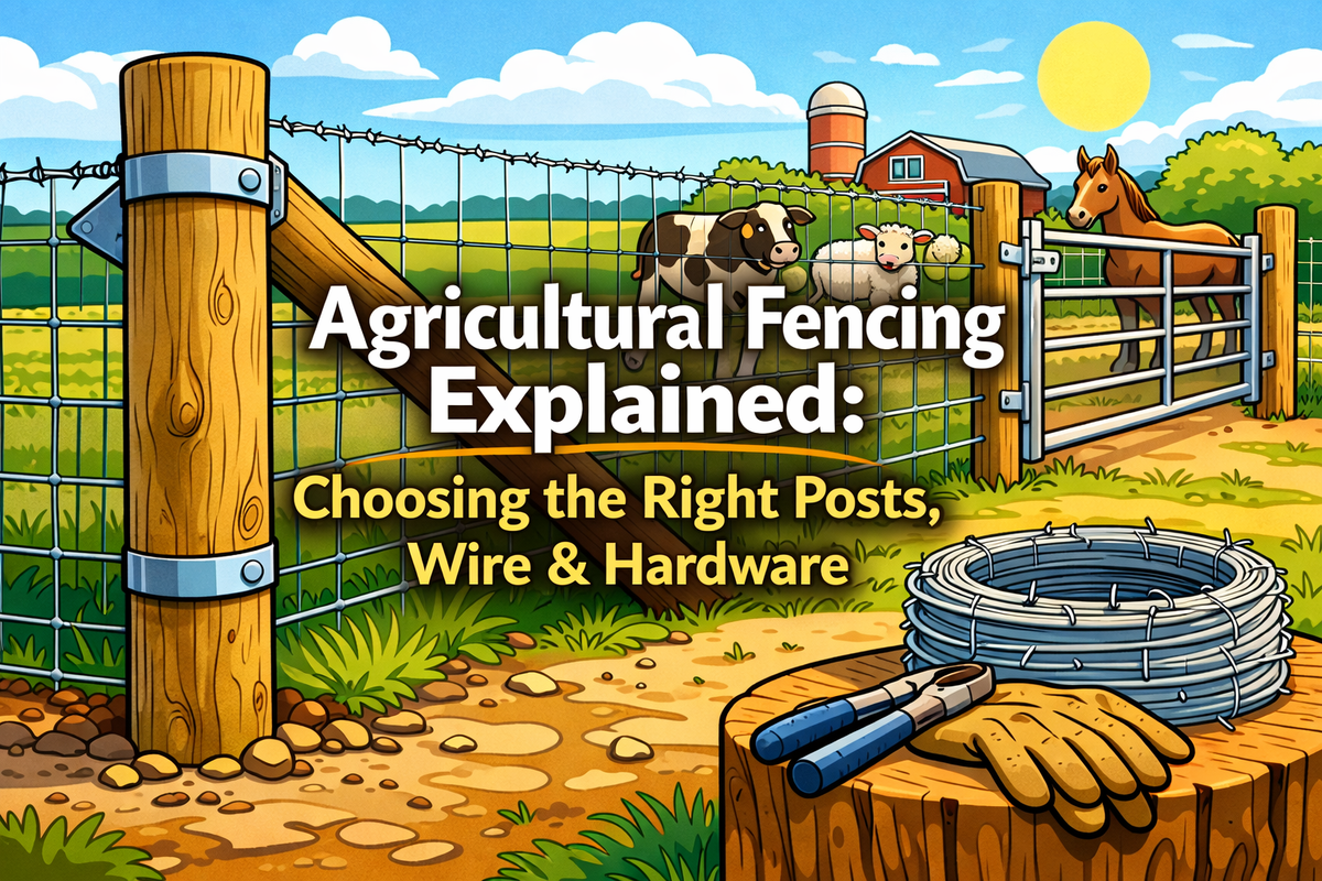 Agricultural fencing with timber posts and stock wire