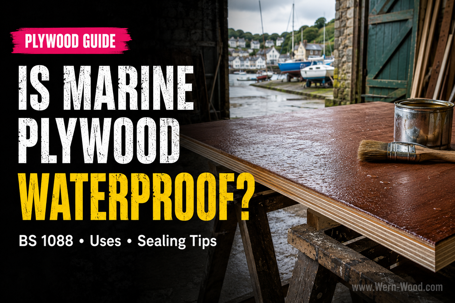 Marine plywood guide showing a sealed plywood sheet beside a harbour with the question is marine plywood waterproof