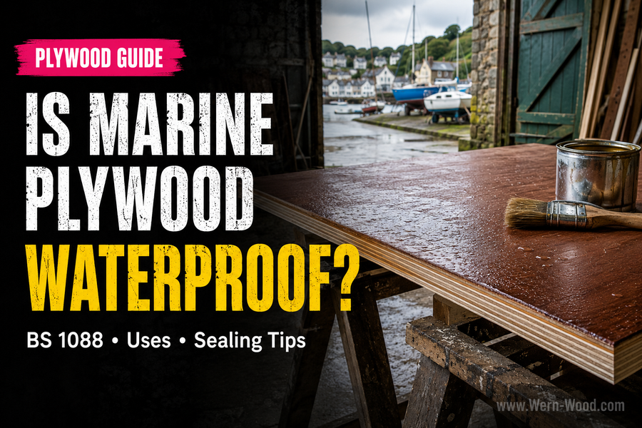Marine plywood guide showing a sealed plywood sheet beside a harbour with the question is marine plywood waterproof