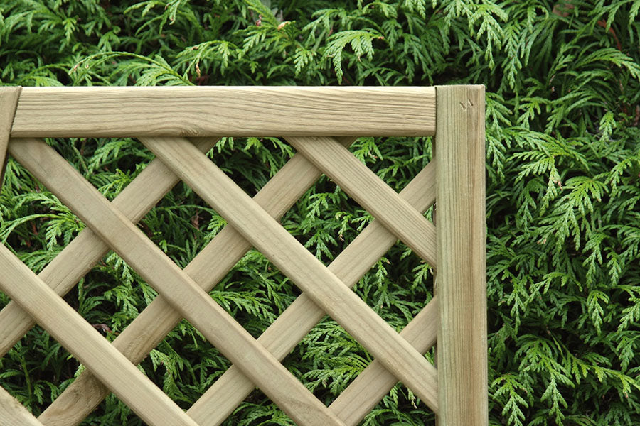 Close-up of pressure treated diamond lattice trellis framing and lattice construction